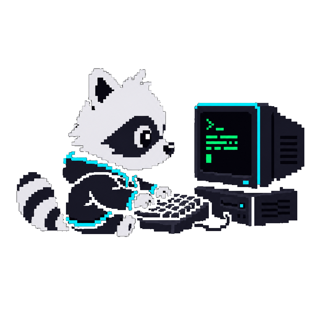Geek the raccoon, typing pose